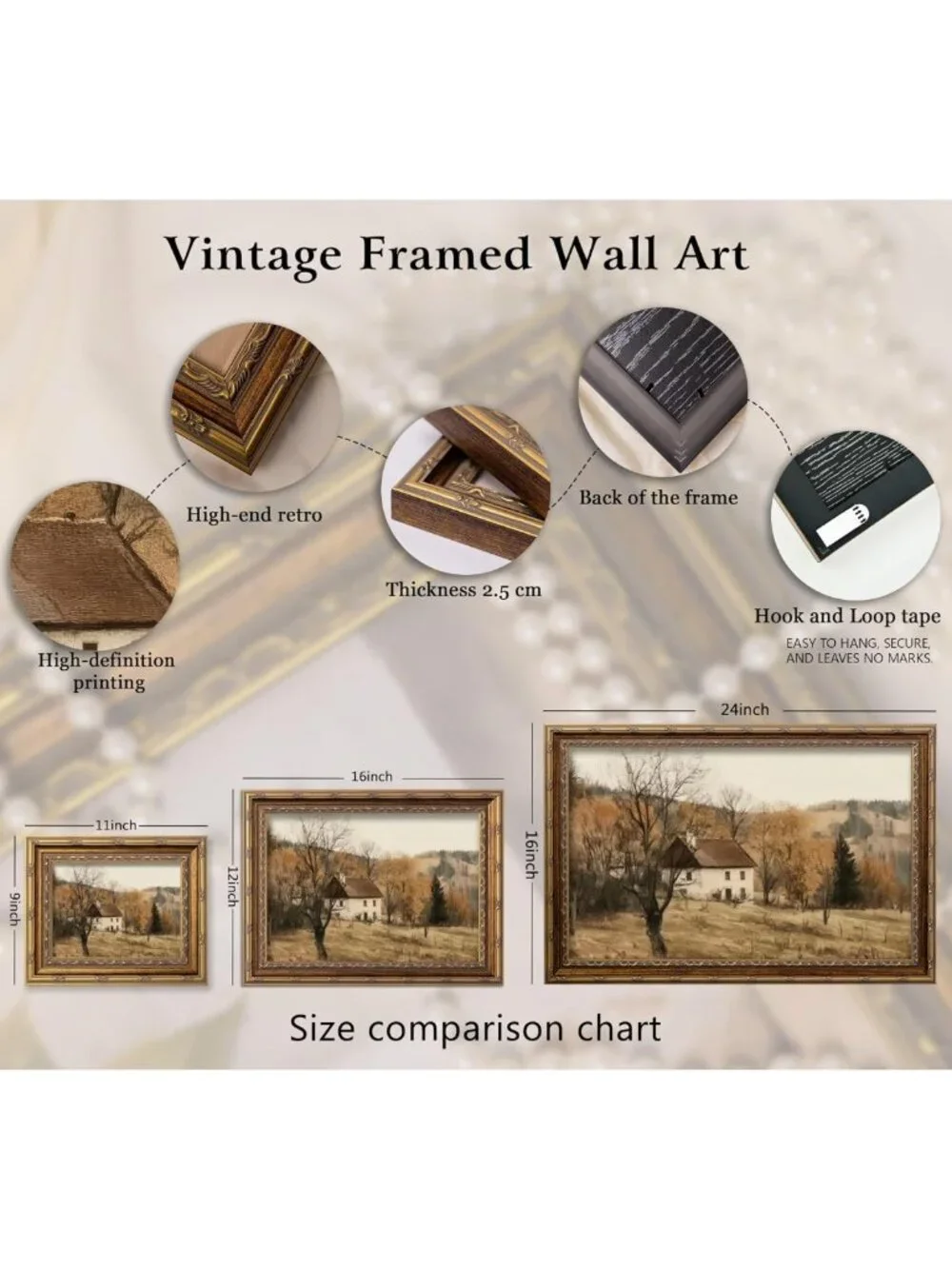 Rustic Vintage Gold Framed Autumn Wall Art - Farmhouse Landscape Canvas Print